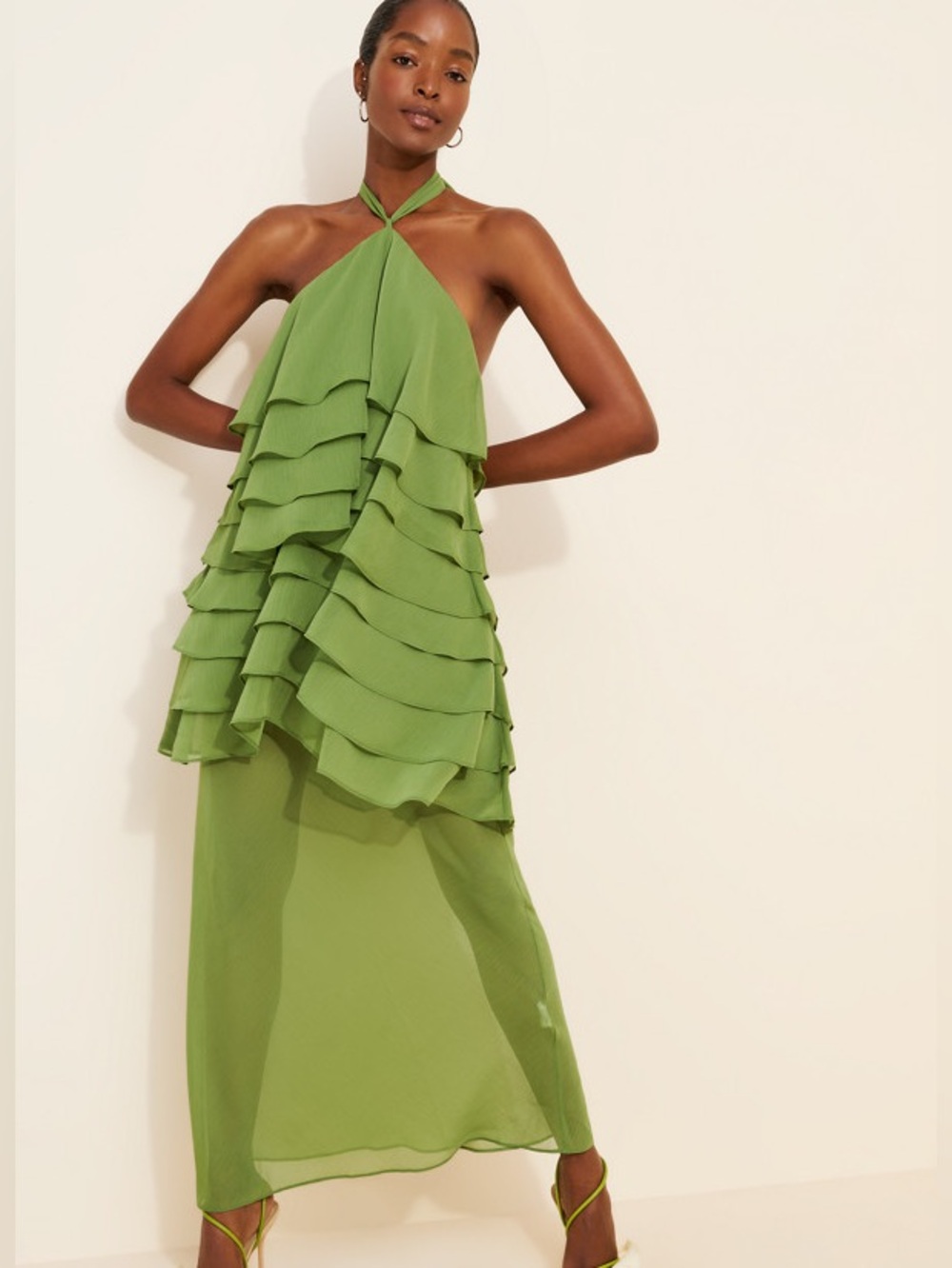Third Form Green Sheer Chiffon Layered Ruffle Halter Neck Maxi Dress